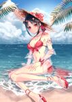  1girl absurdres beach bikini black_hair breasts choker cleavage closed_mouth cloud collarbone day eyewear_on_head flower front-tie_bikini_top front-tie_top halterneck hat hat_flower heart heart-shaped_eyewear highres hiya_(lww3257) kaguya-sama_wa_kokurasetai_~tensai-tachi_no_renai_zunousen~ looking_at_viewer medium_breasts nail_polish ocean outdoors pink_flower red-framed_eyewear red_bikini red_choker red_eyes red_nails red_ribbon ribbon rose shinomiya_kaguya shiny shiny_hair short_hair sitting solo sparkle straw_hat summer sun_hat swimsuit toenail_polish toenails 