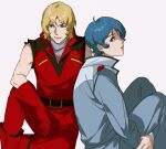  2boys aeug ahoge bare_shoulders belt black_belt blonde_hair blue_eyes blue_jacket blue_pants boots closed_mouth collared_jacket elbow_gloves elbow_on_knee erhuazi917 feet_out_of_frame gloves gundam hand_on_own_arm highres holding_own_leg jacket kamille_bidan knee_up knees_up light_smile long_sleeves looking_to_the_side male_focus military_uniform multiple_boys pants parted_bangs parted_lips quattro_bajeena red_boots red_gloves red_jacket scar scar_on_face scar_on_forehead short_hair sidelocks simple_background sitting sleeveless sleeveless_jacket sleeveless_turtleneck turtleneck v-neck white_background zeta_gundam 