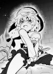  2girls blush breasts buttons center_frills commentary_request cowboy_shot female_pov frills greyscale highres ibuki_suika indoors kakunoshin22 large_breasts looking_at_viewer monochrome multiple_girls okunoda_miyoi open_mouth pov shirt short_hair skirt smile touhou whale_hat wrist_cuffs yuri 