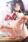  1girl ? absurdres animal_ear_fluff animal_ears arknights barefoot between_toes black_hair blurry blurry_background colored_inner_hair crossed_ankles crossed_bangs eyelashes feet feet_on_table feet_up food foot_focus foreshortening full_body hair_between_eyes highres holding holding_with_feet long_hair long_sleeves looking_at_viewer mouth_hold multicolored_hair nokchamint orange_eyes pocky purple_hair sidelocks sitting smell soles solo spoken_question_mark steaming_body sweaty_foot texas_(arknights) thighs toe_seam toenails toes 