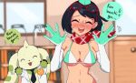  1girl adversarial_noise bikini black_hair blurry blurry_background blush breasts cleavage closed_eyes coat digimon digimon_(creature) digimon_story:_time_stranger green_bikini green_hat hat horns lab_coat medium_breasts romaji_text short_hair single_horn speech_bubble supermondobeat swimsuit terriermon terriermon_joshu upper_body white_bikini white_coat yuuki_kanan 