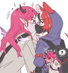  &gt;_&lt; 2girls animal_ears backpack bag black_hair blue_eyes blush coat crystal_wings ear_blush earrings energy_wings fang flower_earrings grey_coat hakos_baelz halo hololive hololive_english hood hoodie horns irys_(hololive) jewelry kissing_through_mask long_hair multicolored_hair multiple_girls open_mouth pink_eyes pink_hair pointy_ears purple_hoodie ramphastostella red_hair simple_background streaked_hair tail virtual_youtuber white_background white_hair wings yuri 