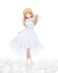  1girl artbook blonde_hair blunt_bangs bow dress earrings full_body green_eyes hairband heanna_sumire high_heels highres jewelry long_hair looking_at_viewer love_live! love_live!_superstar!! non-web_source official_art short_sleeves simple_background skirt_hold smile solo standing white_background white_bow white_dress white_hairband 