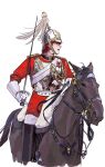  1boy aiguillette animal armor belt belt_buckle black_boots black_horse blue_hair boots bridle buckle cavalry chin_strap chinese_commentary collared_shirt combat_helmet commentary_request cropped_legs erhuazi917 feet_out_of_frame ginga_eiyuu_densetsu gloves helmet high_collar highres holding holding_leash holding_sword holding_weapon horse horseback_riding leash long_sleeves looking_to_the_side male_focus medal military_uniform open_mouth pants pickelhaube profile rapier red_hair red_pants red_shirt riding saddle sash shirt short_hair shoulder_boards siegfried_kircheis simple_background solo sword teeth thigh_boots turning_head upper_teeth_only weapon white_background white_belt white_gloves white_helmet white_sash 