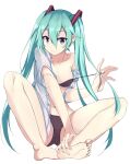  1girl bangs bare_legs barefoot black_bra black_panties blue_eyes blue_hair bra breasts closed_mouth clothes_down collarbone dress_shirt full_body hair_between_eyes hair_ornament hatsune_miku highres long_hair looking_at_viewer open_clothes open_shirt panties shiny shiny_hair shirt short_sleeves simple_background sitting small_breasts smile soles solo twintails underwear very_long_hair vocaloid white_background white_shirt xianyu_(pixiv9677779) 