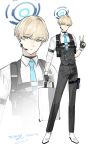  1boy absurdres black_gloves black_pants blonde_hair blue_archive blue_eyes blue_necktie briefcase chest_harness closed_mouth collared_shirt commentary dated expressionless fingerless_gloves full_body genderswap genderswap_(ftm) gloves halo harness headset highres holding holding_briefcase jacket male_focus meltykiss0316 necktie pants shirt shoes short_hair signature standing three-quarter_sleeves toki_(blue_archive) twitter_username v vest waistcoat white_shirt white_shoes zoom_layer 