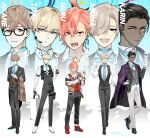  5boys absurdres ahoge akane_(blue_archive) asuna_(blue_archive) asymmetrical_bangs black_hair black_pants black_shoes blonde_hair blue_archive blue_eyes blue_necktie briefcase brown_eyes brown_hair character_name chest_harness cleaning_&amp;_clearing_(blue_archive) closed_mouth collared_shirt commentary cross-laced_shoes dark-skinned_male dark_skin expressionless fangs genderswap genderswap_(ftm) glasses gloves grey_hair hair_over_one_eye halo hand_on_own_hip harness headset height highres holding holding_briefcase holding_pocket_watch huge_ahoge jacket karin_(blue_archive) long_sleeves male_focus meltykiss0316 mole mole_under_eye multiple_boys necktie neru_(blue_archive) one_eye_covered open_mouth pants pink_hair pocket_watch red_eyes red_shoes red_vest semi-rimless_eyewear shirt shoes short_hair short_male signature smile sneakers standing standing_on_one_leg suit suit_jacket sukajan three-quarter_sleeves toki_(blue_archive) twitter_username under-rim_eyewear v-shaped_eyebrows vest waistcoat walking watch waving white_gloves white_shirt white_shoes yellow_eyes 