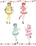 4girls artbook beret blonde_hair blue_eyes blue_hair bow brown_eyes brown_hair closed_mouth frilled_skirt frills full_body green_bow green_eyes green_skirt hair_between_eyes hat heart highres jacket layered_skirt long_hair long_sleeves looking_at_viewer love_live! love_live!_superstar!! multiple_girls non-web_source official_art onitsuka_natsumi open_mouth orange_eyes patterned_background pink_eyes pink_skirt red_hair red_skirt ribbon sailor_collar sakurakoji_kinako shoes short_hair skirt smile socks standing standing_on_one_leg thighhighs twintails wakana_shiki waving_arm yellow_jacket yellow_skirt yoneme_mei 