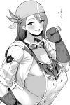  1girl absurdres apron bandana blush braid breasts cleavage covered_nipples crop_top gloves goggles goggles_around_neck greyscale hair_between_eyes highres holding hotate-chan huge_breasts long_hair looking_at_viewer minayle_(monster_hunter) monochrome monster_hunter_(series) monster_hunter_rise short_sleeves side_braid simple_background solo translation_request upper_body 