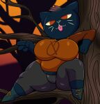 2025 4_fingers anthro belly big_breasts black_body black_fur bottomwear breasts cat_smile clothing detailed_background digital_media_(artwork) domestic_cat eyebrows felid feline felis female fingers footwear fur gesture grey_bottomwear grey_clothing grey_pants hair hand_gesture hi_res huge_breasts leaning_on_tree long_sleeve_shirt looking_at_viewer mae_borowski mammal night_in_the_woods notched_ear orange_clothing orange_eyes orange_shirt orange_topwear overweight overweight_anthro overweight_female pants piercing plant red_hair shirt shoes short_stack sitting_on_branch solo someth1ngoranother sunset thick_thighs tight_clothing tongue tongue_out tongue_piercing topwear tree v_sign whiskers