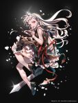  1girl albelda black_footwear crown english_text finger_to_mouth hero_cantare highres holding holding_sword holding_weapon long_hair looking_at_viewer official_art open_mouth red_eyes sleeveless smile sword tower_of_god weapon white_hair yagaaaa 