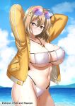  1girl ahoge anis_(nikke) anis_(sparkling_summer)_(nikke) arms_behind_head beach bikini blonde_hair breasts covered_nipples cowboy_shot eyewear_on_head goddess_of_victory:_nikke hellandheaven highres huge_breasts jacket ocean official_alternate_costume open_clothes open_jacket purple-tinted_eyewear sand solo sunglasses swimsuit tinted_eyewear water weapon white_bikini yellow_eyes yellow_jacket 