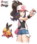  1girl bag baseball_cap black_vest blue_eyes blush brown_hair commentary_request copyright_name denim denim_shorts frown hat high_ponytail highres hilda_(pokemon) holding holding_poke_ball holding_strap long_hair mr.thunderigor outstretched_arm poke_ball poke_ball_(basic) pokemon pokemon_(creature) pokemon_(game) pokemon_bw shirt short_shorts shorts shoulder_bag sidelocks simple_background sleeveless sleeveless_shirt tepig vest wedgie white_background white_shirt wristband 