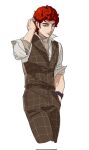  1boy arm_up blue_eyes bracelet brown_jacket brown_pants brown_shirt buttons cowboy_shot cropped_legs curly_hair erhuazi917 ginga_eiyuu_densetsu hand_in_own_hair hand_in_pocket highres jacket jewelry lapels layered_clothes layered_sleeves looking_at_viewer male_focus open_collar pants parted_lips plaid_clothes plaid_jacket plaid_pants red_hair shirt short_hair short_sleeves siegfried_kircheis simple_background sleeveless sleeveless_jacket smile solo standing teeth white_background white_shirt 