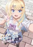  1girl absurdres black_shoes black_socks blonde_hair bow breasts brick_floor cardigan cardigan_around_waist cleavage clothes_around_waist collarbone collared_shirt commentary copyright_name dress_shirt from_above hair_bow hair_ornament hairclip highres keikenzumi_na_kimi_to_keiken_zero_na_ore_ga_otsukiai_suru_hanashi. large_breasts long_hair looking_at_viewer miniskirt multicolored_hair nail_polish official_art open_mouth outstretched_arm pleated_skirt promotional_art runa_shirakawa sayoi school_uniform shirt shoes skirt socks solo two-tone_hair v white_shirt 