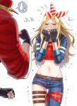  >_< 1girl aosa_(jmzg2528) bandana billy_kane blonde_hair blue_eyes blush breasts cleavage crying fatal_fury fatal_fury_cap fingerless_gloves genderswap genderswap_(mtf) gloves highres jacket large_breasts lips long_hair midriff motion_lines navel open_mouth pretty_billy_kane scared shaking simple_background speech_bubble sweat sweatdrop tearing_up tears terry_bogard the_king_of_fighters_all-stars trembling 