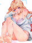  1girl ass bare_shoulders barefoot blonde_hair blush bra breasts feet filter-goshi_no_kanojo gyaru jacket koto_mitsuha large_breasts lingerie long_hair long_sleeves looking_at_viewer official_art oomsz open_clothes open_jacket panties purple_bra purple_eyes purple_panties simple_background sitting soles solo toes tongue tongue_out underwear very_long_hair white_background white_jacket 