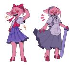  1boy 1girl ^^^ animal_ears apron blue_skirt bow colored_sclera commentary crossdressing digitigrade dress dual_persona english_commentary fangs frilled_hairband frills furry furry_female furry_male genderswap genderswap_(mtf) grey_dress hair_bow hairband hand_on_own_hip highres holding holding_sword holding_weapon hooves looking_down maid male_maid meme minecraft_sword minecraft_youtube neckerchief pig_boy pig_ears pig_girl pig_nose pink_fur puffy_sleeves red_bow red_eyes red_neckerchief school_uniform serafuku shirt simple_background skirt smile sparkle standing sword techno-chan technoblade technomaid_(meme) v vivi_(viridescenttemple) weapon white_apron white_background white_shirt yellow_sclera 