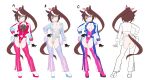  1girl absurdres animal_ears ass black_gloves blue_eyes bow brown_hair chaps full_body gloves hair_bow highleg highleg_leotard highres holographic_clothing horse_ears horse_girl horse_tail iridescent jacket leotard long_hair multicolored_hair multicolored_jacket now pink_bow platform_heels ponytail race_queen streaked_hair tail tokai_teio_(umamusume) two-tone_hair ugohato umamusume white_hair 