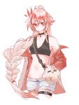  1girl belt black_choker breasts chinese_commentary choker coat commentary_request crop_top cropped_legs fu_hua fu_hua_(fenghuang_of_vicissitude) highres honkai_(series) honkai_impact_3rd jingwei_(bird) long_braid long_hair navel official_alternate_costume red_coat red_eyes red_hair short_shorts shorts simple_background sinka78035570 small_breasts solo stomach thigh_belt thigh_strap very_long_hair white_background white_shorts 