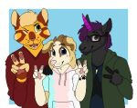 2017 aliasing anthro arm_tattoo beard bird_dog black_beard black_eyebrows black_facial_hair black_inner_ear blonde_hair blue_(sebdoggo) blue_clothing blue_eyes blue_shirt blue_topwear brown_body brown_eyes brown_fur button_ears canid canine canis chow_chow clothed clothing digital_drawing_(artwork) digital_media_(artwork) domestic_cat domestic_dog drawstring_hoodie ear_piercing equid equine eyebrow_slit eyebrows eyewear facial_hair facial_piercing felid feline felis flat_colors floppy_ears footprint fur gauged_ear gesture glasses golden_retriever green_clothing green_hoodie green_topwear grey_body grey_fur grey_sclera group hair hand_gesture hand_on_another&#039;s_shoulder hand_on_shoulder happy head_tuft hoodie horn humanoid_hands hunting_dog jewelry leonidas_(catchiatore) looking_at_viewer male mammal mane microsoft_paint_(artwork) mixed_breed multicolored_hoodie mythological_creature mythological_equine mythology necklace nose_piercing nose_ring one_eye_closed open_mouth open_smile orange_body orange_fur pawpads pawprint pawprint_tattoo piercing pink_nose pink_pawpads plug_(jewelry) purple_horn purple_mane rectangular_glasses red_clothing red_nose red_pawpads red_shirt red_tongue red_topwear retriever ring_piercing sebdoggo septum_piercing septum_ring shirt short_hair short_sleeve_hoodie smile snout spitz tabby_cat tattoo tongue topwear trans_(lore) trans_man_(lore) trio tuft unicorn uriah v_sign wearing_glasses whisker_spots white_body white_fur wink wrist_tattoo yellow_body yellow_eyes yellow_fur yellow_inner_ear