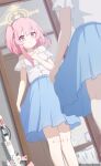  1girl alternate_costume anotherdetteiu assault_rifle bare_shoulders bed bedroom blue_archive blue_skirt bow bow_skirt bullpup casual clenched_hand commentary_request dutch_angle feet_out_of_frame gun halo hand_up highres l85 looking_at_mirror looking_at_self mirror no_headwear off-shoulder_shirt off_shoulder peroro_(blue_archive) photo_(object) pink_eyes pink_hair reflection rifle serina_(blue_archive) shirt short_hair short_sleeves skirt skirt_hold smile solo standing trinity_general_school_logo weapon white_shirt yellow_halo 