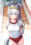  1girl absurdres alternate_costume animal_ears arms_behind_back ass_visible_through_thighs blurry blurry_background blush breasts buruma cheesecake_(artist) collarbone commentary_request cowboy_shot ear_ornament ears_down frown grey_hair gym_uniform hair_between_eyes hair_ornament highres horse_ears horse_girl horse_tail long_hair looking_at_viewer medium_breasts oguri_cap_(umamusume) outdoors puffy_short_sleeves puffy_sleeves red_buruma shirt short_sleeves sidelocks solo stairs tail umamusume white_shirt 