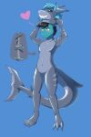 2018 2:3 absurd_res ambiguous_gender animate_inanimate anthro biped black_hair black_sclera blue_background blue_body blue_eyes blue_hair blue_scales blush colored countershade_face countershade_neck countershade_tail countershade_torso countershading dragon dsaprox duo featureless_chest featureless_crotch fish front_view glistening glistening_body glistening_face glistening_legs glistening_tail goo_suit grey_body grey_countershading hair heart_symbol hi_res latex_body living_clothing male_(lore) marine mythological_creature mythological_scalie mythology navel non-mammal_hair non-mammal_navel nude nude_ambiguous nude_anthro orange_eyes scales scalie shaded shark sharp_teeth simple_background smile snout species_transformation standing striped_arms striped_legs stripes suit_transformation suzy_(sigmaw) tail tau_(sigmaw) teeth three-quarter_view transformation zipper