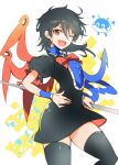  1girl :d alternate_ears asymmetrical_wings black_dress black_hair black_thighhighs blue_wings bow bowtie buttons center_frills commentary_request dress fang feet_out_of_frame flat_chest frills hand_on_own_hip highres holding holding_polearm holding_weapon houjuu_nue ichizen_(o_tori) looking_at_viewer one_eye_closed open_mouth orange_eyes polearm red_bow red_bowtie red_wings short_dress short_hair short_sleeves smile solo thighhighs thighs touhou weapon white_background wings wristband zettai_ryouiki 