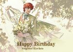  1boy absurdres arm_up bed_sheet blue_eyes blue_ribbon bouquet brown_vest character_name chinese_commentary closed_mouth collared_shirt commentary_request cowboy_shot curly_hair dress_pants erhuazi917 flower formal_clothes ginga_eiyuu_densetsu happy_birthday highres holding holding_bouquet holding_sheet jacket lapels layered_sleeves leaf leaf_background light_smile long_sleeves looking_to_the_side male_focus neck_ribbon notched_lapels pants red_hair ribbon shirt short_hair siegfried_kircheis solo standing suit suit_jacket vest white_flower white_jacket white_pants white_shirt white_suit wingtip_collar 