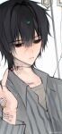  1boy alternate_universe bags_under_eyes bandages bandaid bandaid_on_arm bandaid_on_hand bandaid_on_neck black_eyes black_hair blood blood_on_neck bruise bruise_on_hand bruise_on_neck chinese_commentary closed_mouth collared_shirt dao_gui_yi_xian expressionless grey_shirt hair_between_eyes hand_up highres hospital_gown injury intravenous_drip li_huowang li_huowang_(modern_world) long_sleeves looking_at_viewer male_focus official_alternate_costume official_alternate_hair_length official_alternate_hairstyle scar scar_on_face scar_on_neck shigelaogutoukongle shirt short_hair simple_background solo stitches striped_clothes striped_shirt upper_body vertical-striped_clothes vertical-striped_shirt watermark weibo_watermark white_background 