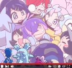  absurdres baseball_cap black_gloves black_hair black_hoodie blue_eyes blue_hair blush blush_stickers bonnet bow-shaped_hair camera character_hair_ornament closed_eyes closed_mouth colored_inner_hair dot_(pokemon) dress eyelashes fake_hair_bun glasses gloves green_hair_ornament grey_dress grey_eyes hair_bun hair_ornament hair_over_eyes hairclip hat headphones heart highres holding holding_camera hood hood_up hoodie icydirtball iono_(pokemon) jacket light_smile liko_(pokemon) long_hair long_sleeves magnemite mascot_costume meme multicolored_hair multiple_girls nervous_sweating nyabiko_(pokemon) open_clothes open_mouth oversized_clothes penny_(pokemon) perrin_(pokemon) photographer pink_hair pokemon pokemon_(anime) pokemon_(creature) pokemon_horizons pokemon_sv ponytail poppy_(pokemon) purple_bag purple_hair quaxwell red_hair round_eyewear sharp_teeth short_hair short_ponytail smile sonic_surrounded_by_amy_plush_dolls_(meme) split-color_hair surprised sweat teeth tinkatuff two-tone_hair visor_cap white_nails yellow_eyes yellow_jacket 