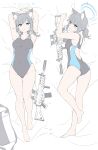  1girl absurdres animal_ear_fluff animal_ears armpits arms_up ass ass_visible_through_thighs assault_rifle bag bangs barefoot bed_sheet blue_archive blue_eyes breasts closed_mouth competition_swimsuit covered_navel cross_hair_ornament dakimakura_(medium) earrings extra_ears grey_hair groin gun hair_ornament halo highres holding holding_gun holding_weapon jewelry looking_at_viewer low_ponytail lying masabodo medium_hair mismatched_pupils on_back on_side one-piece_swimsuit parted_lips rifle school_bag shiroko_(blue_archive) shiroko_(swimsuit)_(blue_archive) sidelocks sig_sauer_556 small_breasts stud_earrings swimsuit wavy_mouth weapon 