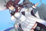  1girl black_thighhighs blue_sky blurry blurry_background breasts brown_eyes brown_hair closed_mouth clothes_writing coat day flower hair_between_eyes hair_flower hair_ornament headgear highres holding holding_umbrella kabe_(inunufuwafuwa) kantai_collection large_breasts long_hair long_sleeves looking_at_viewer oil-paper_umbrella open_clothes open_coat outdoors pink_flower pleated_skirt sidelocks single_thighhigh skirt sky solo tassel thighhighs umbrella very_long_hair water white_coat white_skirt wide_sleeves yamato_(kancolle) yamato_kai_ni_(kancolle) 