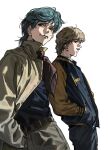  2boys belt black_pants blonde_hair blue_jacket blue_shirt brown_belt brown_eyes brown_jacket brown_neckerchief brown_pants buttons dusty_attenborough erhuazi917 freckles from_side ginga_eiyuu_densetsu green_eyes green_hair hair_behind_ear hand_in_pocket highres jacket julian_mintz leaning_back leaning_forward letterman_jacket light_smile long_sleeves looking_to_the_side male_focus multiple_boys neckerchief open_clothes open_jacket open_mouth pants popped_collar shirt shirt_tucked_in short_hair simple_background smile standing swept_bangs teeth upper_teeth_only white_background yellow_sleeves 