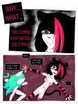 absurd_res anthro armwear blue_hair breasts clothing comic duo edging emoticon felid female female/female genitals girl_a girl_b hair hi_res legwear mammal nipple_piercing nipples nude pattern_armwear pattern_clothing pattern_legwear piercing ponporio pussy red_hair striped_armwear striped_clothing striped_legwear stripes tail teeth the_disappearance_of_girl_a