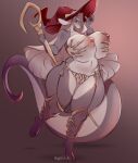  anthro big_breasts breasts bunnywhiskerz dragon female garter_straps genitals holding_object holding_staff huge_breasts nipples pussy solo staff thick_thighs 