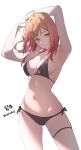  1girl absurdres ahoge alternate_costume arm_above_head armpits arms_up bare_arms bare_shoulders bikini black_bikini breasts cleavage closed_mouth cowboy_shot dated gradient_hair halterneck highres hololive hololive_dev_is ichijou_ririka inuinuo_gataken long_hair looking_at_viewer medium_breasts multicolored_hair navel orange_eyes orange_hair side-tie_bikini_bottom signature simple_background solo stomach string_bikini swept_bangs swimsuit thigh_strap virtual_youtuber white_background 