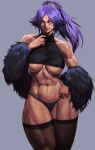  1girl abs absurdres black_thighhighs black_thong bleach blush breasts dark-skinned_female dark_skin fur_shawl hair_tie highres large_breasts lips long_hair muscular muscular_female naughty_face ponytail purple_hair shawl shihouin_yoruichi shiny_skin thick_thighs thighhighs thighs underboob virgoart yellow_eyes 