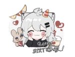  1girl ^_^ animal_ear_fluff animal_ears arknights bangs black_shirt blush_stickers cake candle closed_eyes closed_mouth commentary_request cropped_torso facing_viewer fire food grey_hair hair_between_eyes hair_ornament hairclip hands_up happy_birthday hat heart highres lappland_(arknights) long_hair mini_hat party_hat pennant polka_dot shirt simple_background solo string_of_flags stuffed_animal stuffed_bunny stuffed_toy tilted_headwear upper_body white_background xijian 