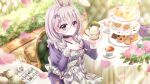  1girl alternate_hairstyle animal_ear_hairband animal_ears blurry blurry_foreground blush bow braid cake checkerboard_cookie closed_mouth collarbone cookie cup cupcake dress drinking_glass easter easter_egg egg fake_animal_ears falling_petals film_grain flower food from_above game_cg grey_hair hair_between_eyes hair_bow hair_ornament hairband hairclip holding holding_paintbrush izumi_tsubasu lens_flare long_hair long_sleeves looking_at_viewer low-tied_long_hair low_twin_braids neck_garter non-web_source official_art on_chair paintbrush painting_(action) petals pinafore_dress pink_flower pink_petals pink_rose purple_bow purple_dress purple_eyes rabbit_ear_hairband rabbit_ears re:stage! rose round_table sakura_miu saucer sitting sleeveless sleeveless_dress smile solo sparkle stone_walkway strawberry_cake striped_bow sunlight table tablecloth tea teacup tiered_tray tulip twin_braids white_flower white_tulip 