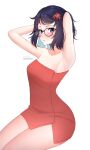  1girl armpits arms_up artist_name black-framed_eyewear blue_eyes blue_hair blush breasts claw_hair_clip collarbone glasses highres keipup looking_at_viewer medium_breasts mila_(miside) miside mita_(miside) naked_towel short_hair simple_background sitting solo thighs towel white_background 