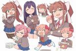  4girls bandaid bandaid_on_knee bandaid_on_leg bangs blue_skirt blush book book_stack bow brown_hair closed_eyes cup doki_doki_literature_club drinking drinking_straw green_eyes hair_bow hair_ornament hairclip holding holding_cup long_hair memosan monika_(doki_doki_literature_club) multiple_girls natsuki_(doki_doki_literature_club) one_eye_closed open_mouth pink_eyes pink_hair pleated_skirt ponytail purple_hair red_bow sayori_(doki_doki_literature_club) short_hair sidelocks skirt smile swept_bangs white_bow yuri_(doki_doki_literature_club) 