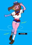  1girl alternate_costume anna_(aannnaa3) blue_background blue_sailor_collar blue_shorts blush boku_no_hero_academia brown_eyes brown_footwear brown_hair full_body hand_up hat highres looking_at_viewer medium_hair midriff navel open_mouth sailor_collar sailor_hat sailor_shirt shirt shoes short_shorts short_sleeves shorts simple_background socks solo standing uraraka_ochako white_shirt white_socks 