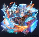 1boy black_footwear blue_eyes blue_hair closed_mouth english_text epaulettes fire hero_cantare ice khun_aguero_agnis long_sleeves looking_at_viewer lying official_art on_back short_ponytail smile tower_of_god yagaaaa 