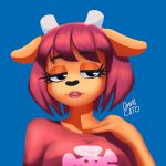1:1 anthro bovid caprine clothed clothing dynacato eyelashes female fur hair hi_res horn lammy_lamb lipstick makeup mammal orange_body orange_fur parappa_the_rapper red_hair sheep shirt simple_background solo sony_corporation sony_interactive_entertainment t-shirt topwear um_jammer_lammy