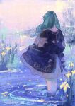  1girl commentary dated dress drill_hair fire_emblem fire_emblem:_three_houses flayn_(fire_emblem) from_behind green_hair highres long_hair long_sleeves partially_submerged sevenney signature skirt_hold solo twin_drills water 