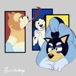 1:1 2025 annoyed anthro artist_name ass_up australian_cattle_dog bandit_heeler beargarbage black_body black_ears black_eyes black_fur black_nose black_spots black_tail blue_body blue_fur blue_tail bluey_(series) blush blush_lines canid canine canis cattledog cigarette cigarette_in_mouth cigarette_smoke dalmatian digital_media_(artwork) domestic_dog frank_(bluey) fur gesture group hair half-closed_eyes herding_dog hi_res looking_up male mammal markings multicolored_body multicolored_fur narrowed_eyes object_in_mouth one_eye_closed orange_body orange_ears orange_fur orange_hair pastoral_dog pose radley_heeler smile smoke smoking smoking_cigarette spank_marks spots spotted_body spotted_fur standing tail tan_body tan_fur teeth text tongue trio two_tone_body two_tone_fur two_tone_tail waving waving_hand white_body white_fur yellow_body yellow_fur