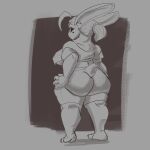  1:1 animal_humanoid anthro bottomwear butt clothing curvy_figure ears_back female hair hi_res hourglass_figure humanoid lagomorph lagomorph_humanoid leporid leporid_humanoid looking_back loose_shirt mammal mammal_humanoid pivoted_ears ponytail rabbit rabbit_humanoid red_breadd scut_tail short_stack short_tail shorts size_difference smaller_female solo sportswear thick_thighs tight_bottomwear tight_clothing 