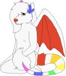 2017 aliasing alpha_channel anthro back_wings breasts canid canine canis digital_drawing_(artwork) digital_media_(artwork) featureless_breasts female flat_colors full-length_portrait fur hair hair_over_eye kneeling long_hair mammal markings membrane_(anatomy) membranous_wings microsoft_paint_(artwork) multicolored_markings nude portrait rainbow_markings red_eyes red_membrane red_nose sebdoggo simple_background snout solo tail tail_tuft transparent_background tuft white_body white_fur white_hair wings wolf